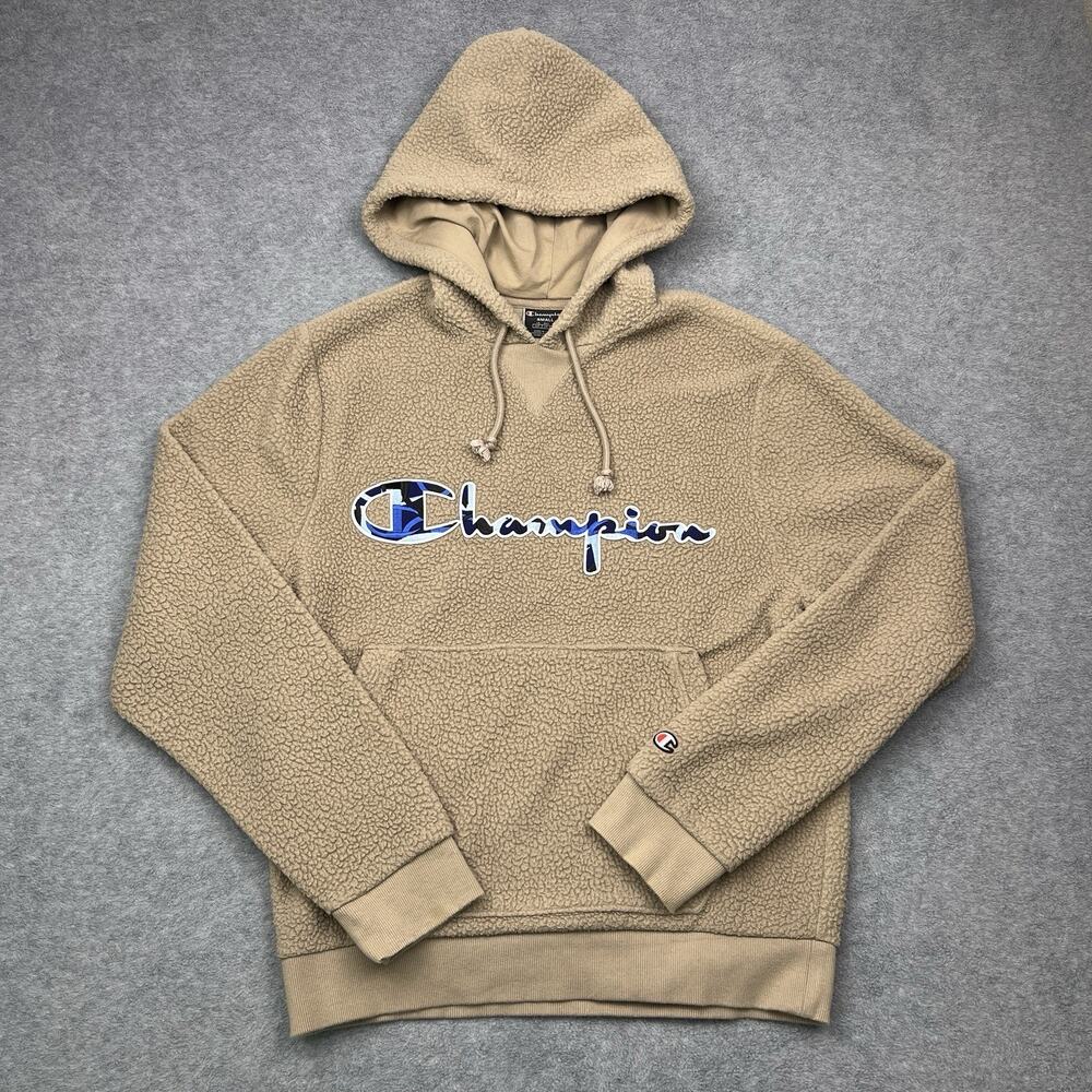 Champion sherpa hoodie beige pullover spell out size small